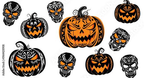 Collection of carved Halloween pumpkins faces.