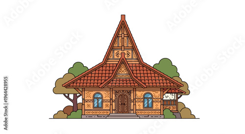 Small house with red roof.