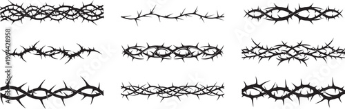 Thorn seamless pattern silhouette collection, crown of thorns flat vector design.
