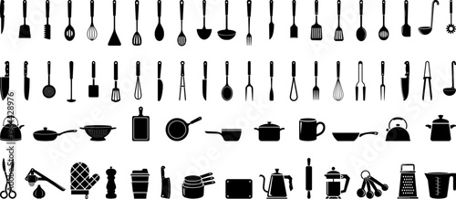 Different Kitchen Utensil silhouette collection, cooking kitchen tools, clean lines with sharp edges, collection of cutlery flat vector design.