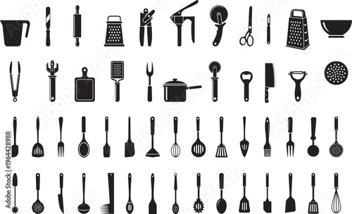 Different Kitchen Utensil silhouette collection, collection of cutlery flat vector design.