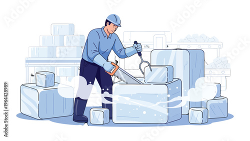 Ice Artisan at Work: A diligent artisan meticulously shapes ice blocks, showcasing skill and precision in the creation of pristine frozen forms, against a backdrop of neatly arranged icy cubes.