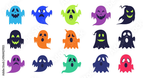 Colorful cartoon ghost characters smiling.