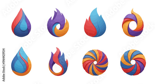Colorful Fire and Water Icons Set.