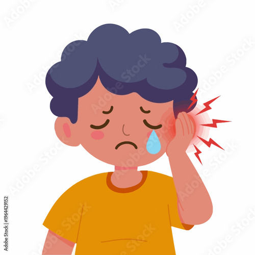 Sick Boy with Ear Pain Suffering from Otitis Cartoon Style