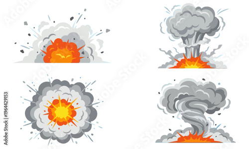 Four illustrations of atomic bombs detonating in a landscape with smoke and fire.