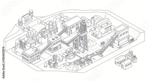 Industrial Complex with Buildings and Machinery.