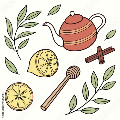 Herbal tea set kettle lemon cinnamon honey stick illustration with slice of lemo
