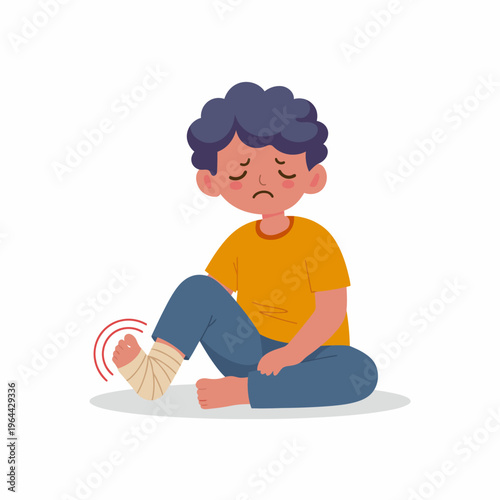 Sick Boy with Injured Leg Wrapped in Bandage