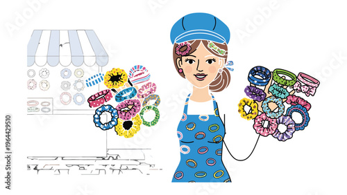 The Scrunchie Seller's Delight: An illustration captures a woman cheerfully presenting a colorful array of scrunchies, showcasing her collection with pride in a charming shop setting.
