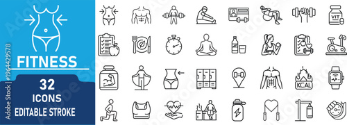 Fitness and Healthy Lifestyle Line Icons Set.Contain to related icons Workout, Diet, Weight Loss, Gym Training, Yoga, Nutrition and Wellness Editable Stroke Vector Collection