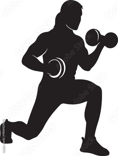 Black silhouette fitness icon, athletic man exercising with dumbbells, workout vector graphic, exercise illustration