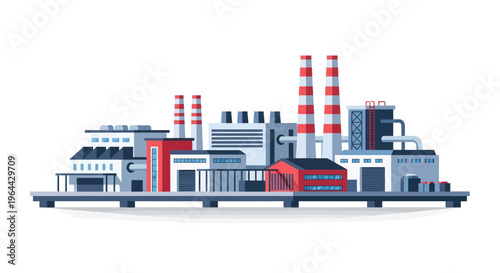 Industrial factory complex with multiple buildings and smokestacks.