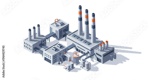 Industrial factory complex with multiple buildings and smokestacks.
