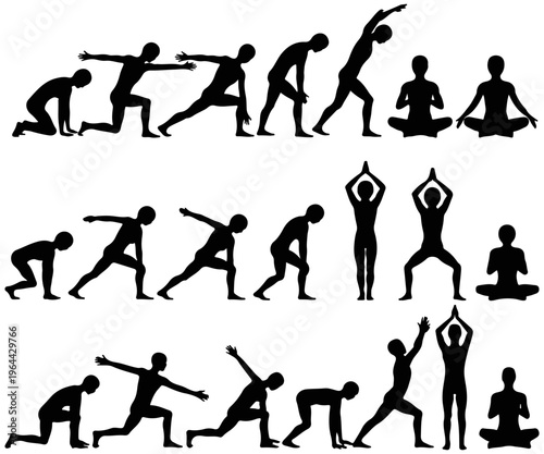 Yoga poses silhouettes stretching meditation