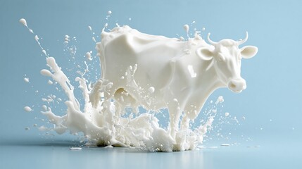 White cow splashing through milk with dynamic liquid droplets against a light blue background, showcasing a creative representation of dairy products and freshness