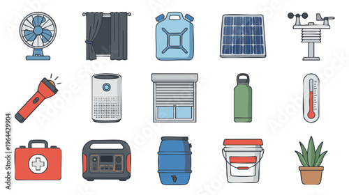 Climate ready home essentials vector set with portable fan blackout curtain solar panel air purifier and emergency household tools
