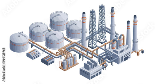 Industrial Oil Refinery Complex with Storage Tanks and Towers.