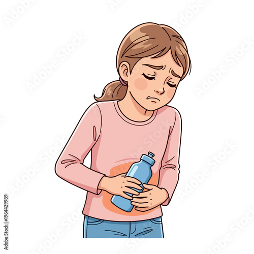 Sick Girl Feeling Ill with Upset Stomach and Water Bottle