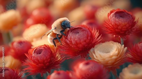 A busy bee gathers nectar from bright red blossoms on a warm sunny day outdoors
