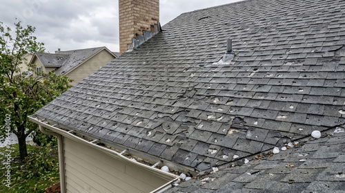 Asphalt shingle roof damaged by large hail stones after severe storm