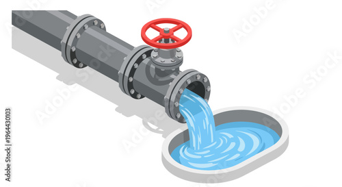 Industrial pipe releasing water into a basin with a valve.