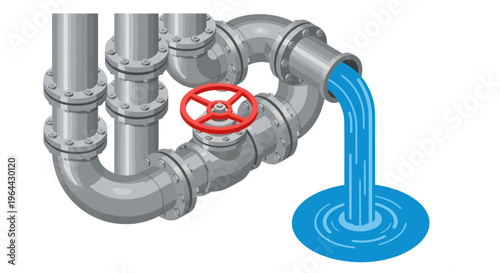 Industrial pipe system with flowing water and red valve.