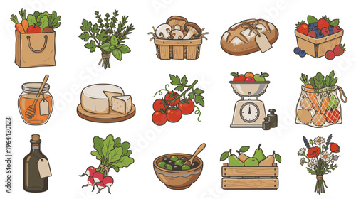 Local food market symbols vector set with artisan bread herbs mushrooms honey tomatoes cheese and farm produce isolated on white