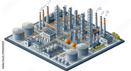 Industrial oil refinery plant with smoke stacks and storage tanks.