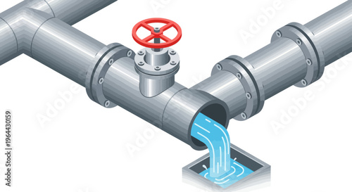 Industrial pipe system with flowing water and valve.
