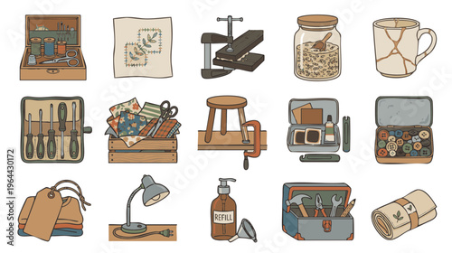 Repair reuse restore vector set with sewing kit mending patch repaired mug toolbox and refill accessories isolated on white background