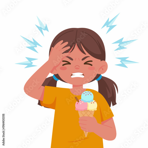 Sick Girl Holding Ice Cream with a Headache Illustration
