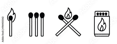Match and matchbox icon set outline solid, burning matches and fire symbols, modern minimal vector for ignition safety danger camping survival emergency, isolated vector illustration.