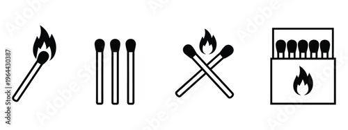 Match and matchbox icon set outline solid, burning matches and fire symbols, modern minimal vector for ignition safety danger camping survival emergency, isolated vector illustration.