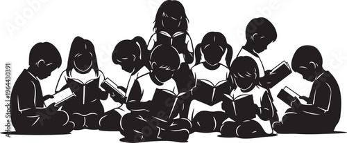 Black silhouettes of children reading books, kids literacy vector illustration, educational icons, school children reading