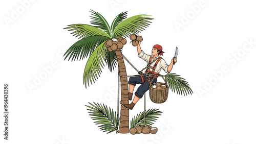 Coconut Harvest: A skilled individual skillfully climbs a tall palm tree, meticulously harvesting a bounty of coconuts, showcasing the beauty of a tropical bounty.