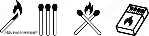 Match and matchbox icon set outline solid, burning matches and fire symbols, modern minimal vector for ignition safety danger camping survival emergency, isolated vector illustration.