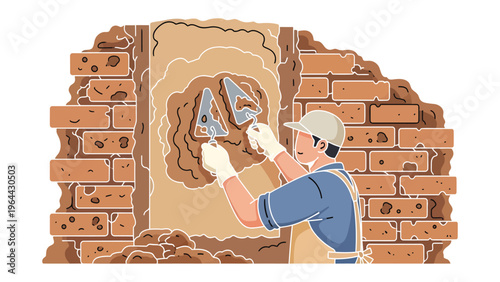 Bricklayer at Work: A skilled bricklayer meticulously applies cement to a brick wall using a trowel, the epitome of craftsmanship in action, against a background of rugged bricks.