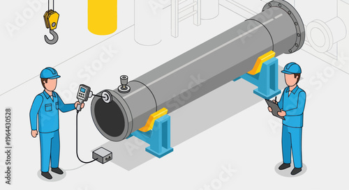 Industrial workers inspecting large cylindrical machinery with advanced equipment.