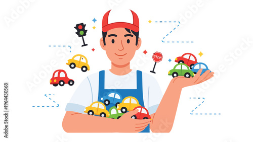 The Guardian of Transport: A Friendly figure, adorned with a symbolic halo, showcases a vibrant array of miniature vehicles in his hands, highlighting safe travel and transportation.