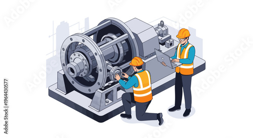 Industrial workers maintaining heavy machinery in a factory setting.