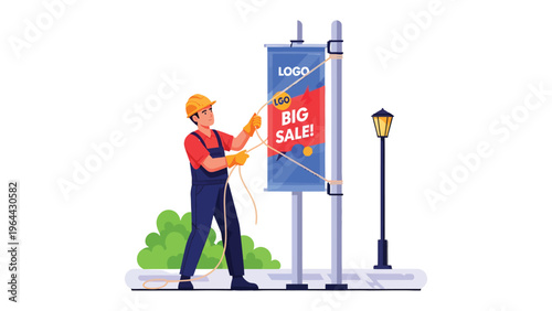 Crafting the Advertisement: A worker diligently installs a large banner, showcasing a vibrant advertisement against a clean background, ready to attract attention and convey a message.