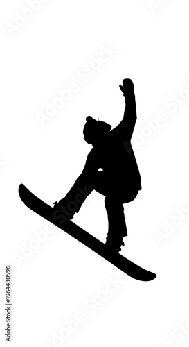 A person snowboarding on a slope with one arm raised isolated on white background, Vector