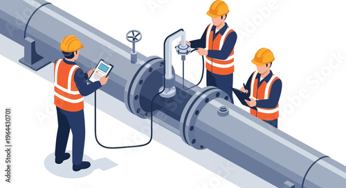 Industrial workers performing maintenance and inspection on a large pipeline system.