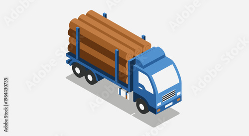 Isometric Blue Logging Truck Transporting Wooden Logs.