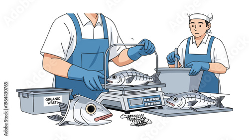 Fresh Fish Processing: A scene of meticulous fish processing with workers handling and weighing fresh fish, preparing them for market or consumption. Depicting a clean.