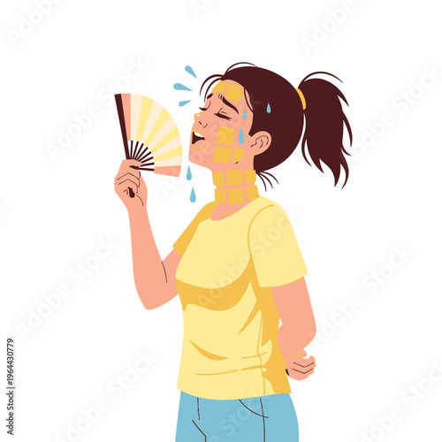 Sick Girl with Fever Cooling Herself with a Hand Fan