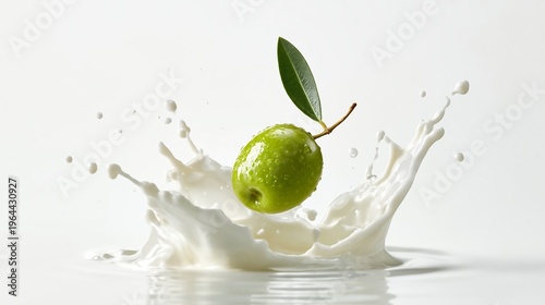 Green olive with a leaf splashes into a pool of milk, creating a dynamic splash effect against a clean white background