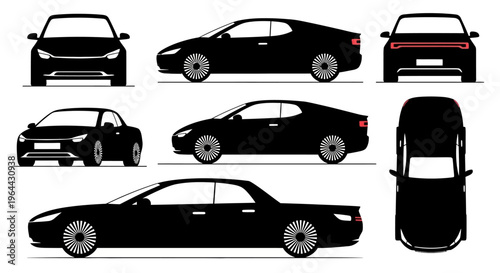 Black Car Silhouettes: Front, Side, Rear, Top Views of Modern Sedan and Coupe
