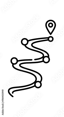A black line route with a location pin isolated on white background, Vector